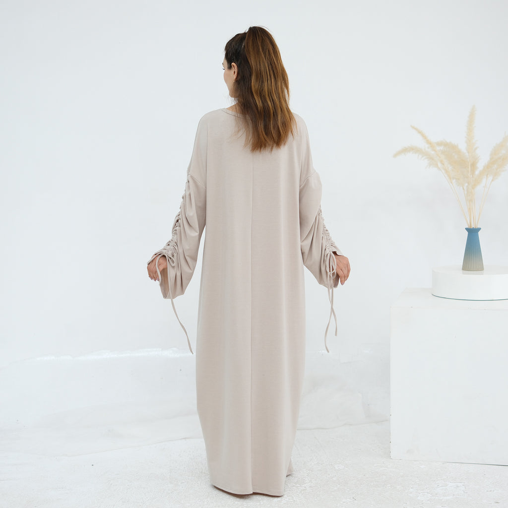 Solid Color Dress with Drawstring Cuffs Abaya