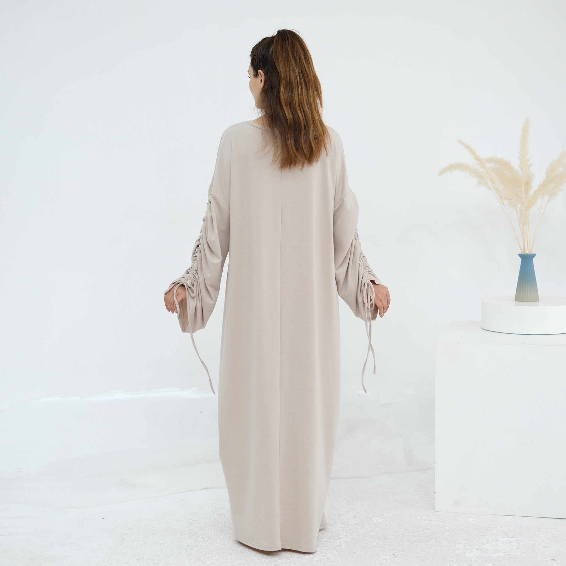 Solid Color Dress with Drawstring Cuffs Abaya
