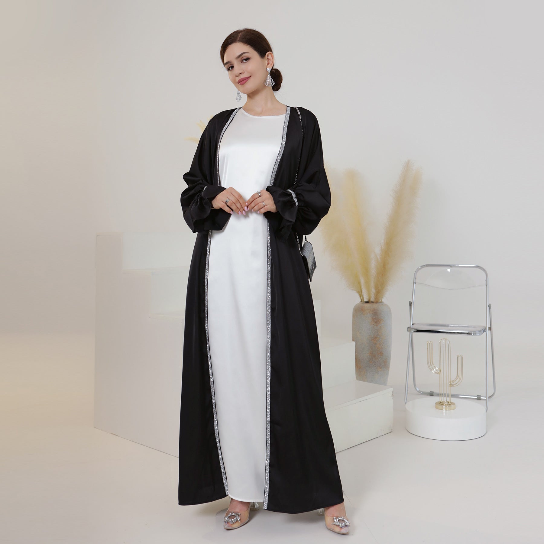 Satin Open Abaya With Belt