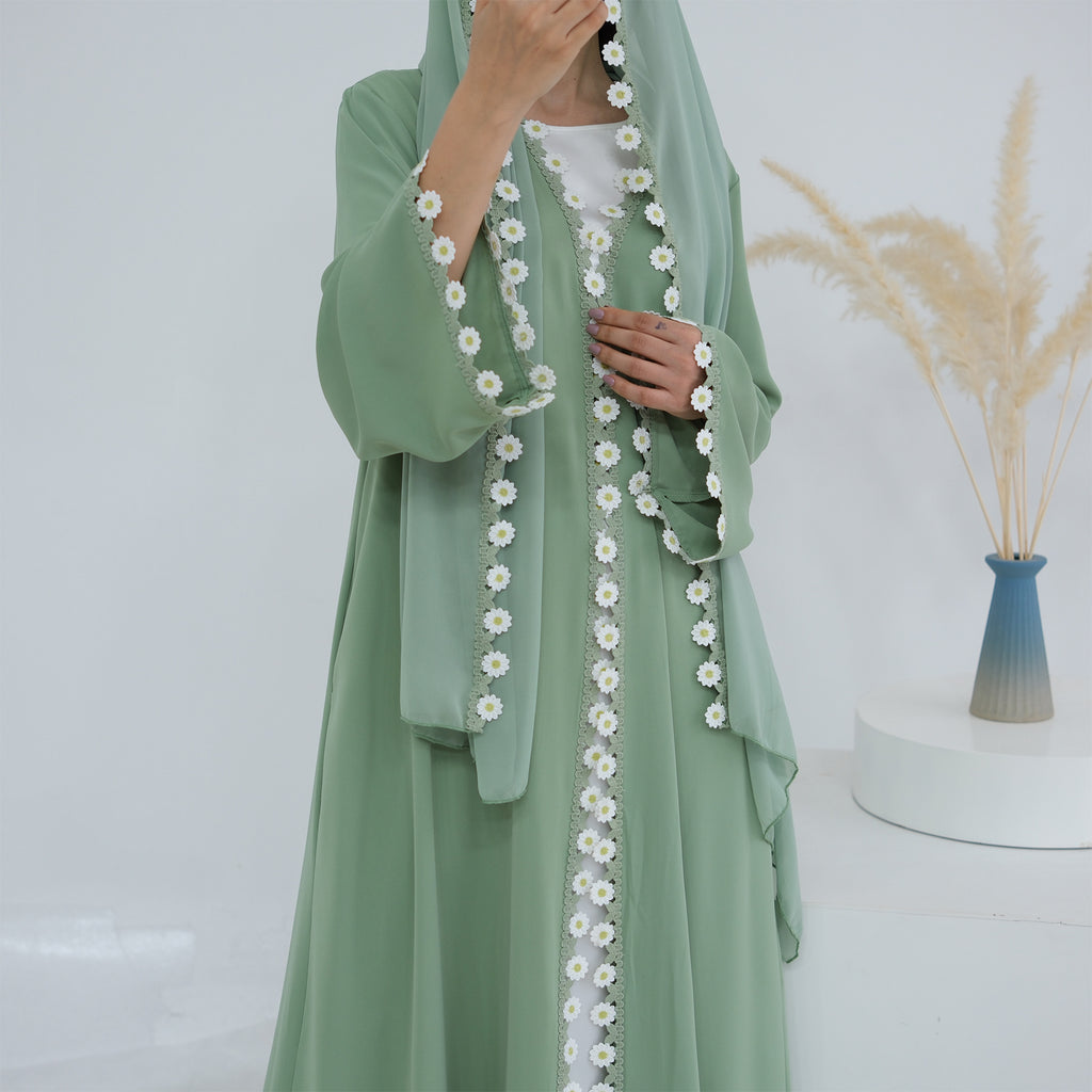 Green Embroidered Flower 2PCS Abaya