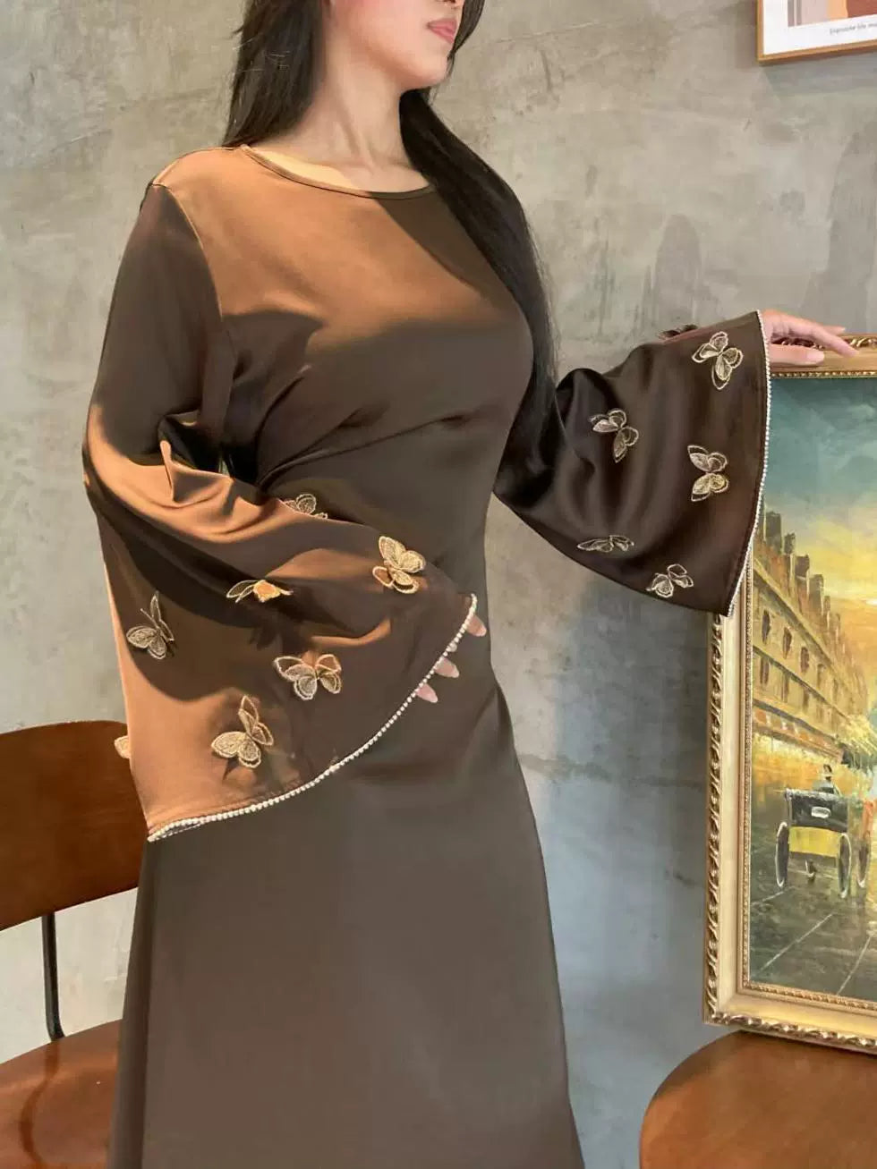 Hand-embroidered Butterfly Solid Color Abaya