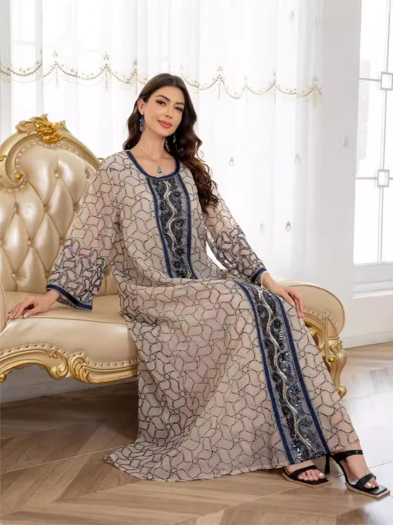 Timeless Beige and Navy Embroidered Kaftan