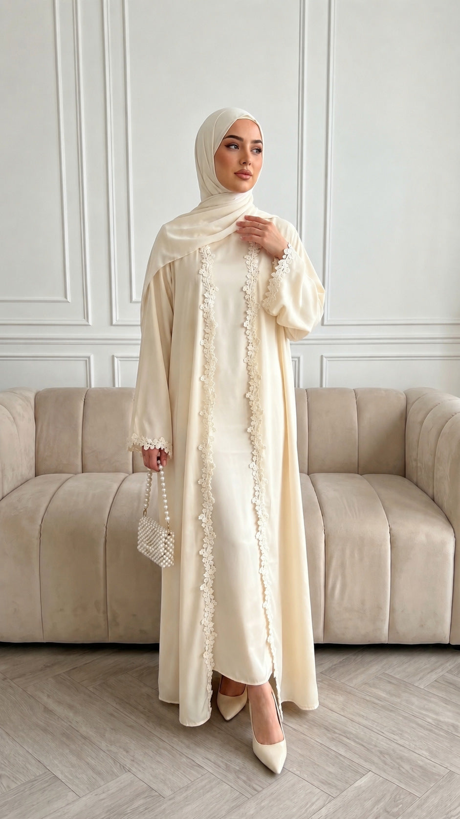 Yellow Lace Open Abaya with Hijab