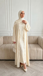 Yellow Lace Open Abaya with Hijab