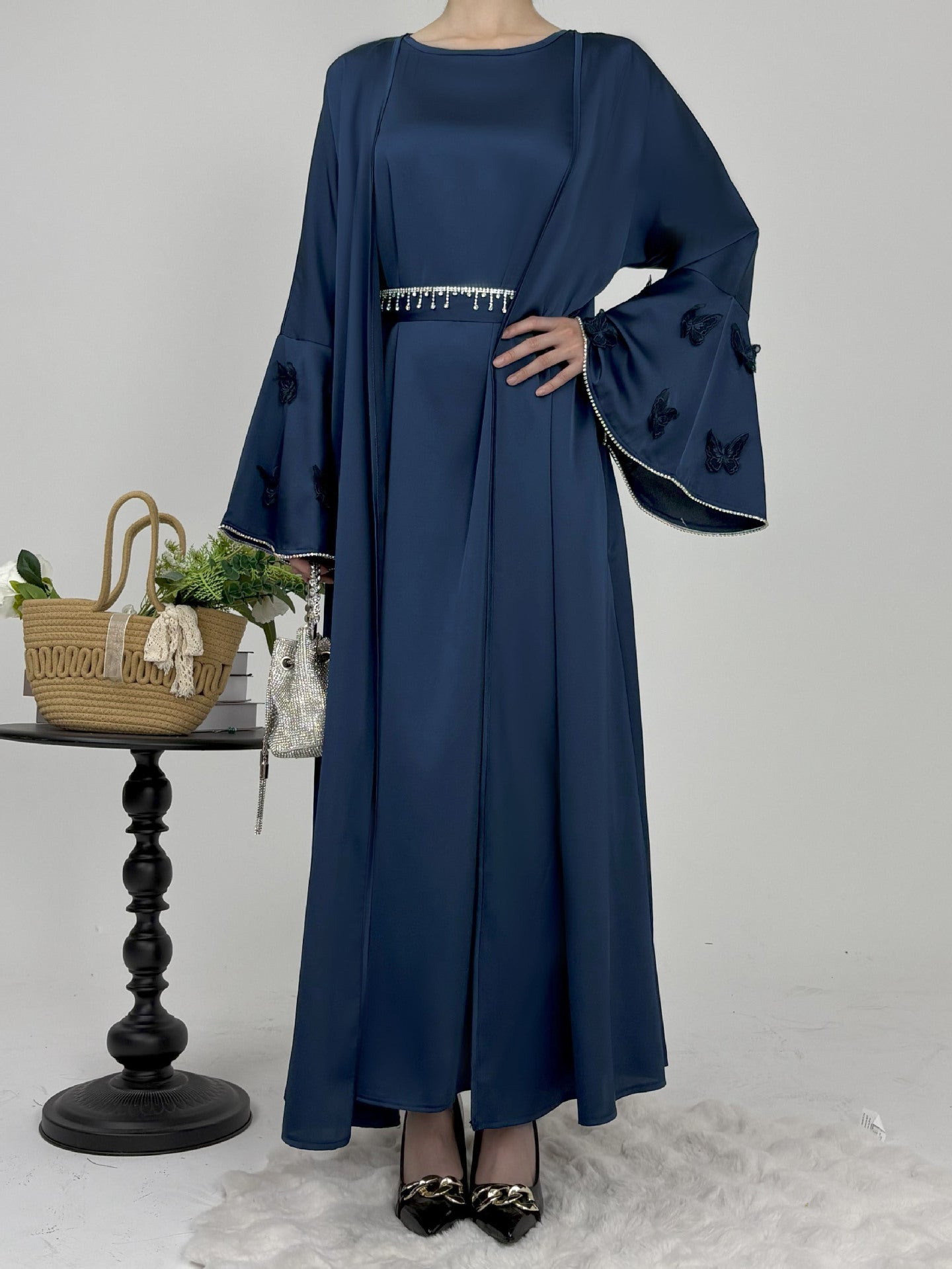 2 Pcs Butterfly Satin Abaya with Crystal Chain