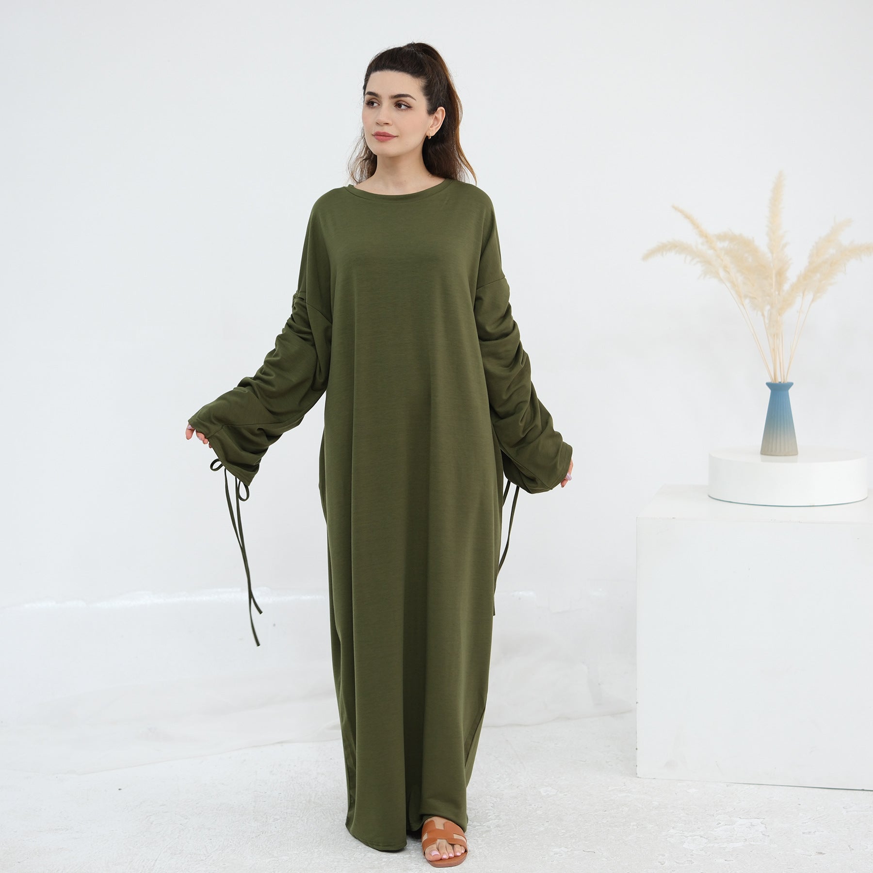 Solid Color Dress with Drawstring Cuffs Abaya