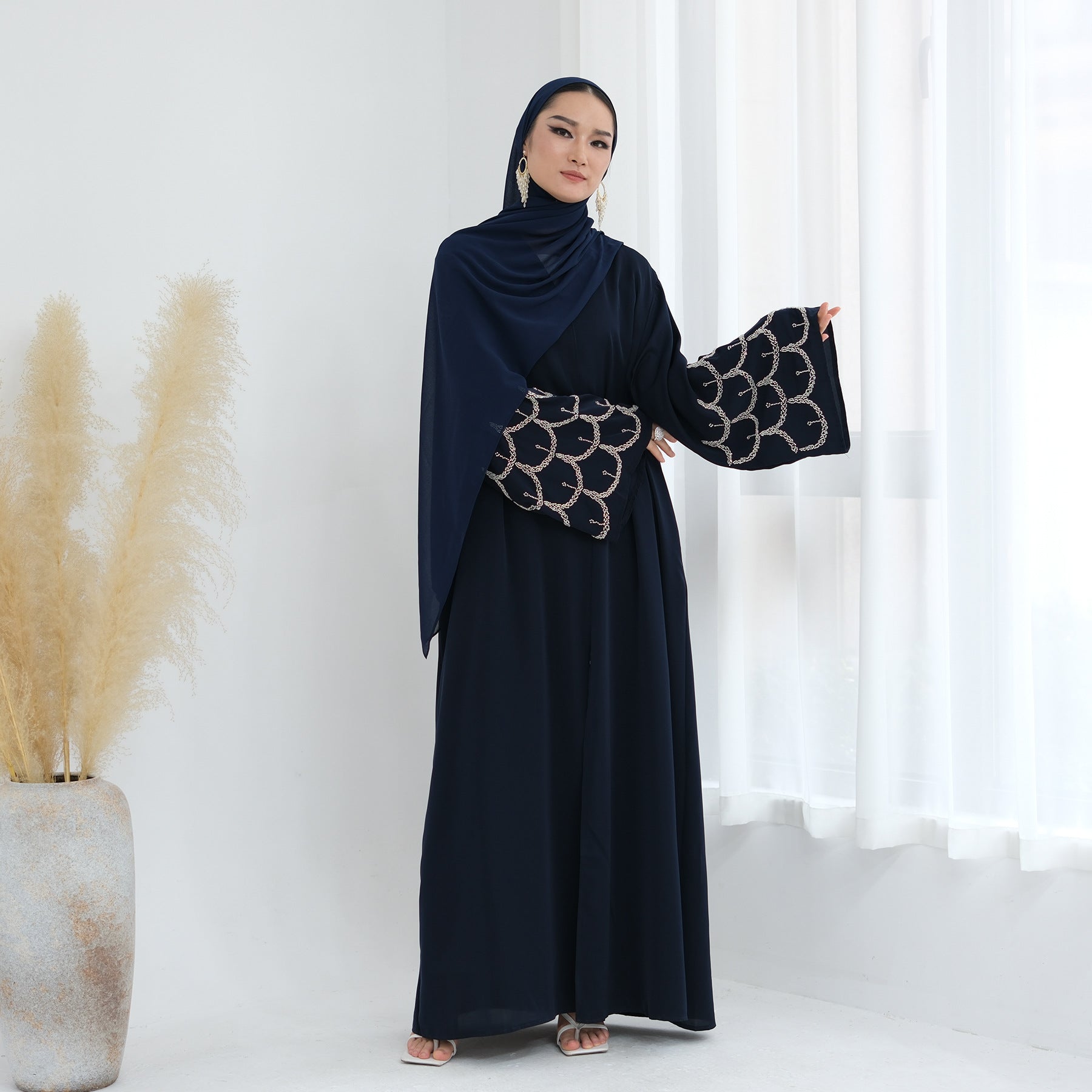Solid Color Beaded Embroidered Cardigan Abaya