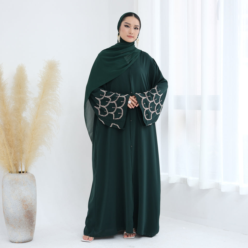 Solid Color Beaded Embroidered Cardigan Abaya