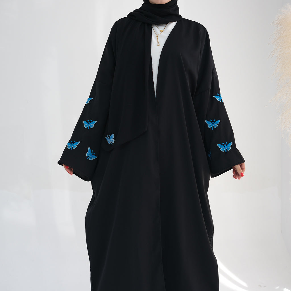 Embroidered Butterfly Print Kaftan with Hijab