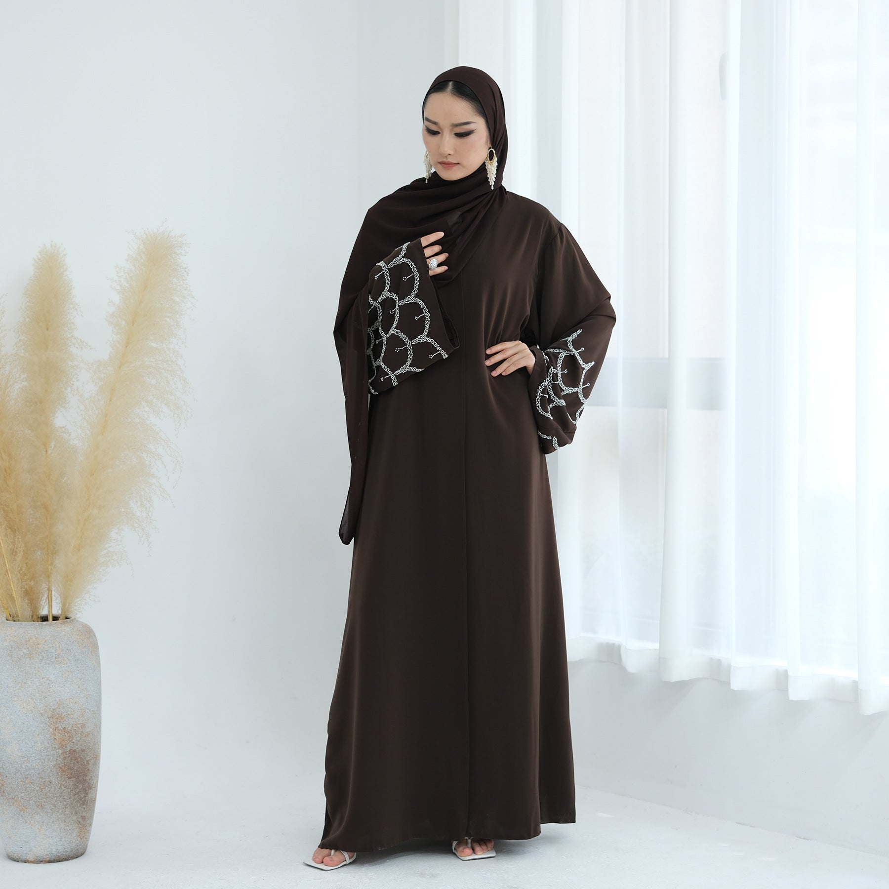 Solid Color Beaded Embroidered Cardigan Abaya