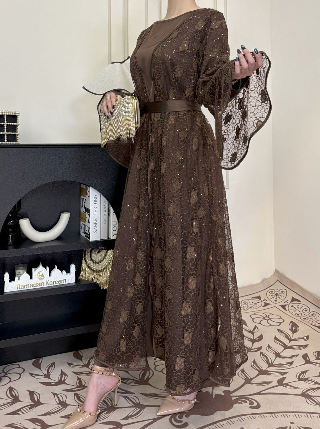 2 Pcs Rose Lace Loose Abaya