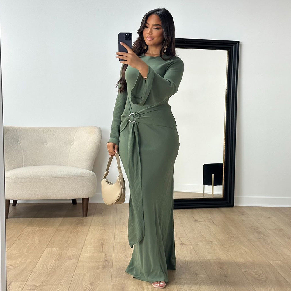 Solid Color Metal Buckle Strap Abaya