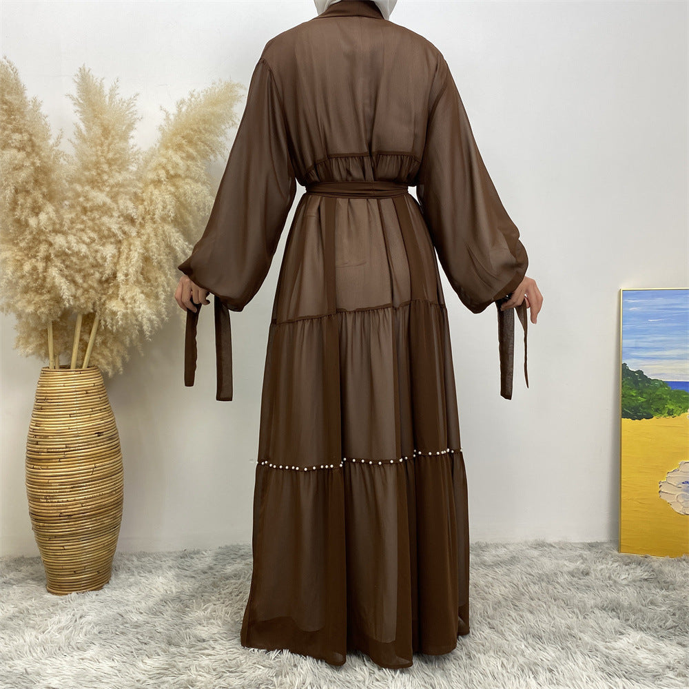 عباية مفتوحة من الشيفون وخرز الأظافر من التول