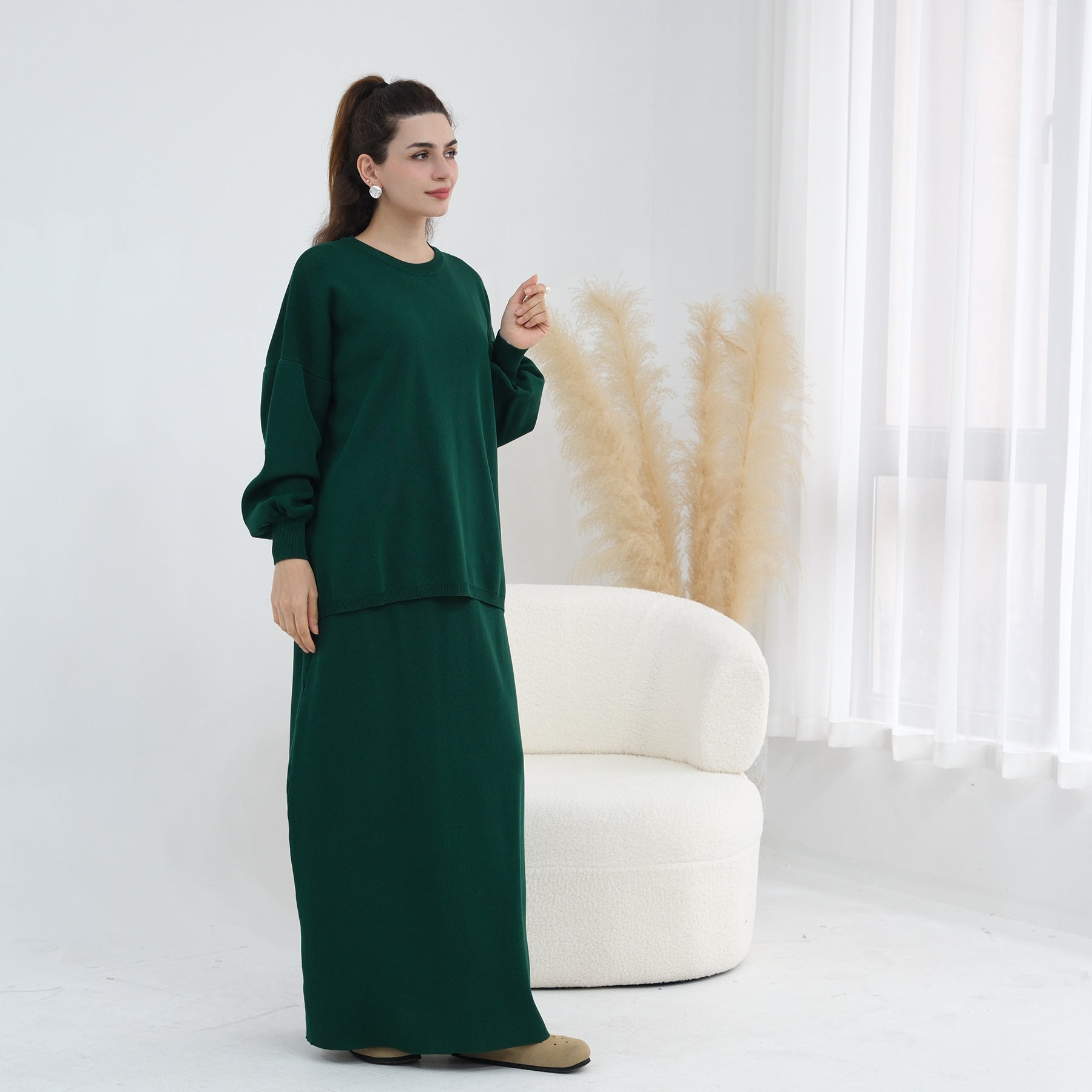 Thickened Knitted Solid Color Dress Set