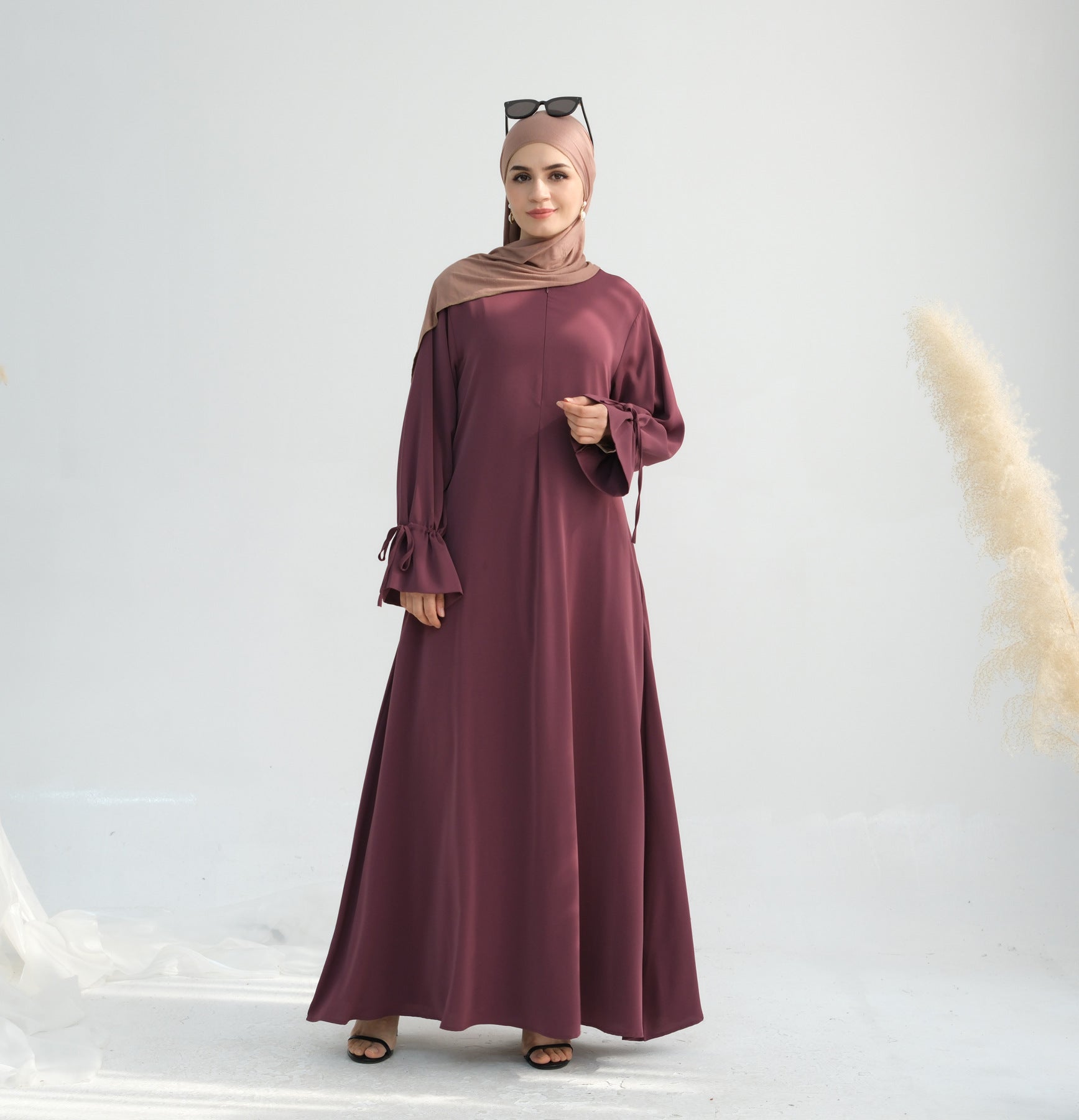 Solid Color Satin Abaya Maxi Dress