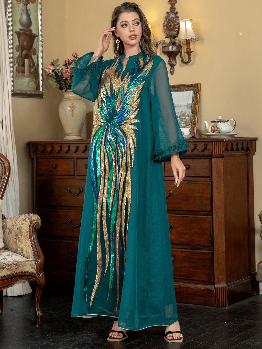 Luxury Ostrich Fur Sequin Kaftan