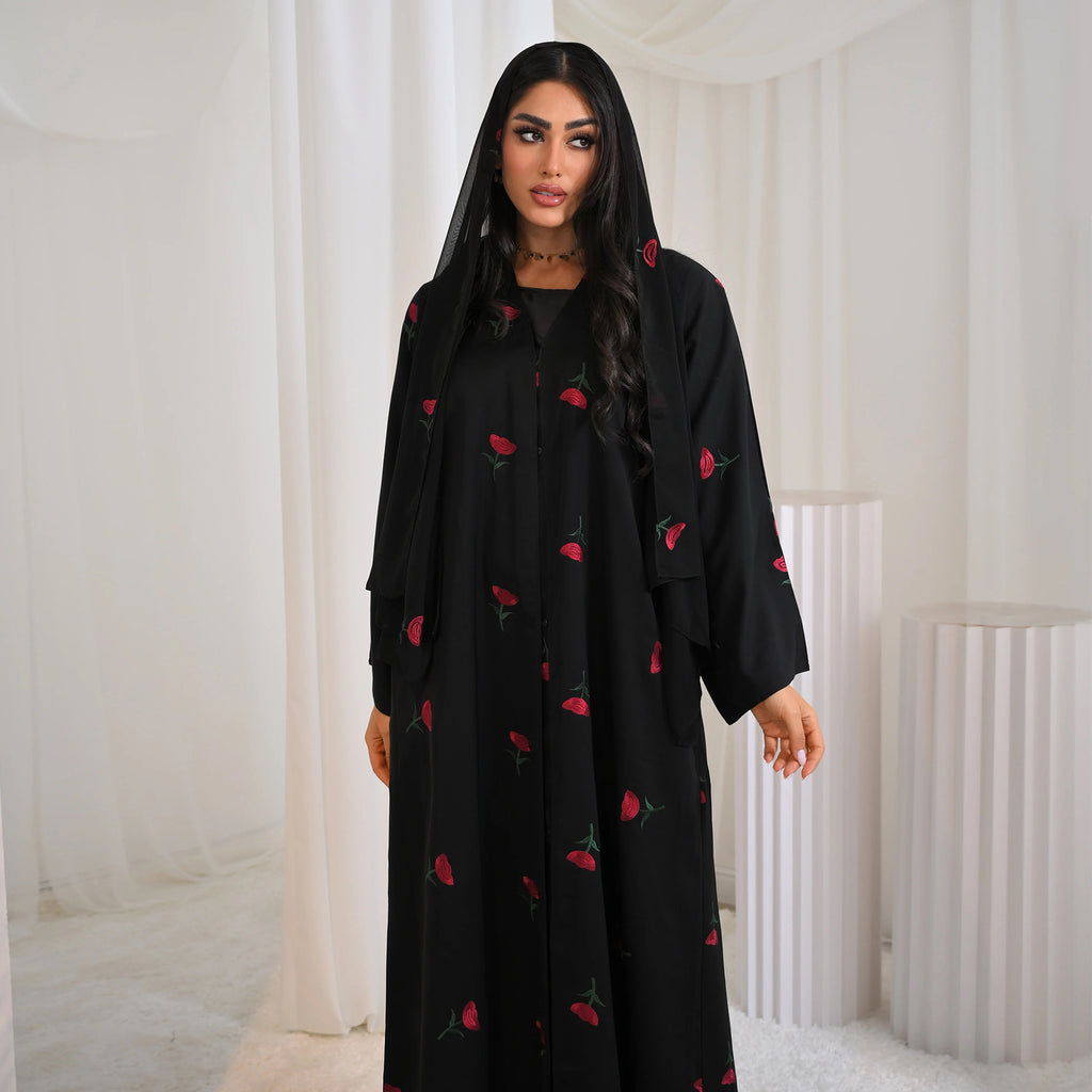 Solid Color Flower Embroidered Cardigan Abaya