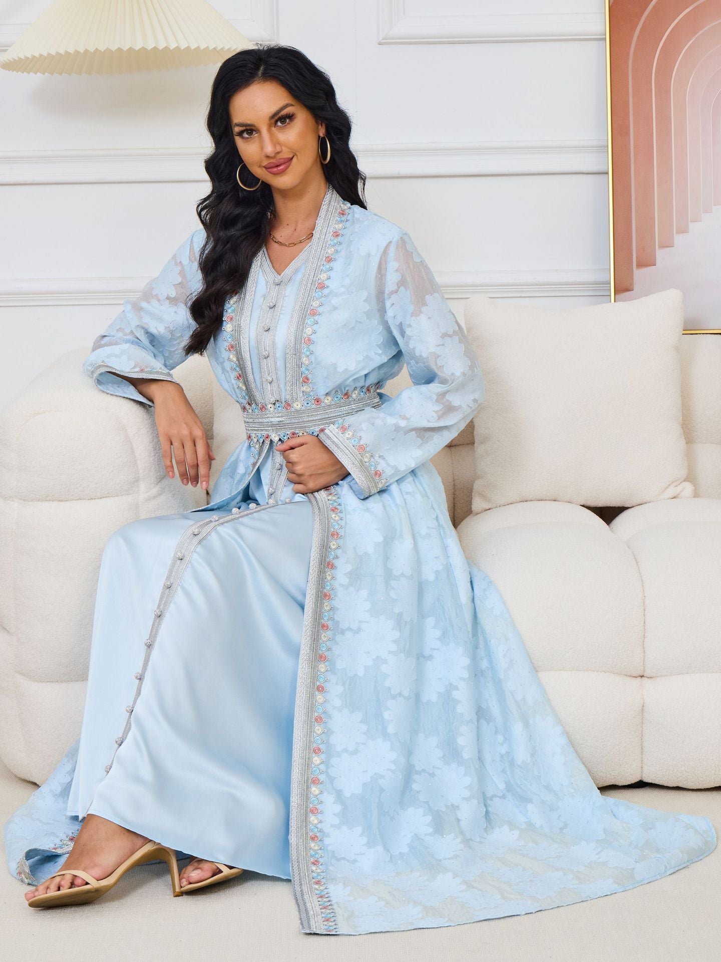Fresh Lace Blue & Pink Abaya 3 Piece Set