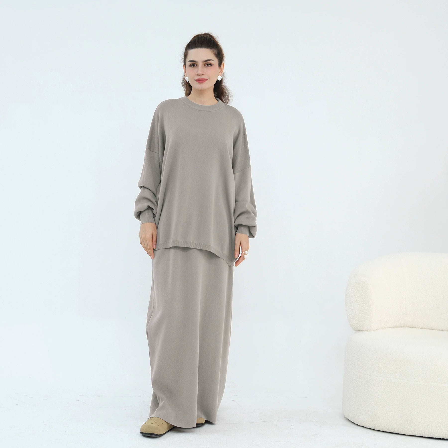 Thickened Knitted Solid Color Dress Set