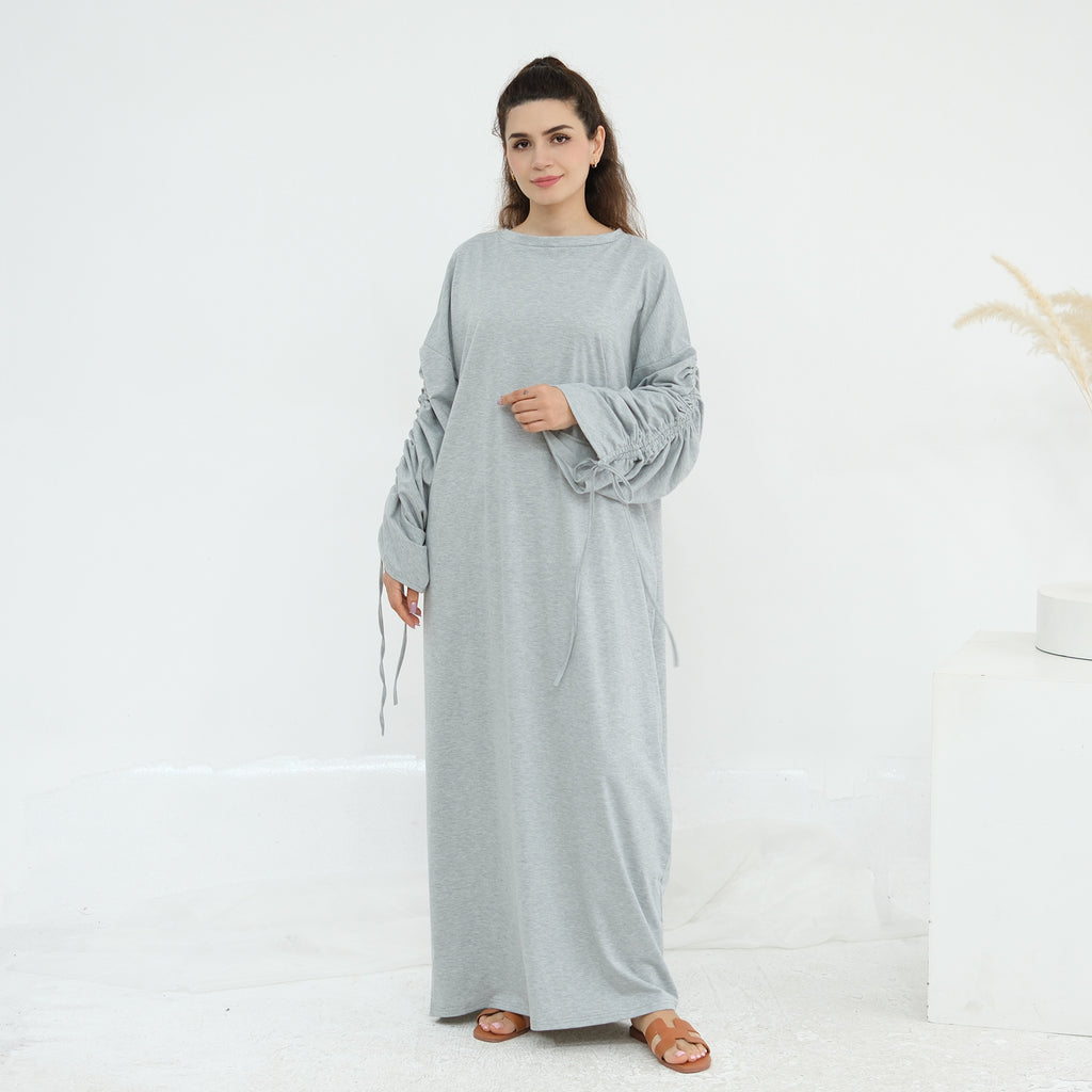 Solid Color Dress with Drawstring Cuffs Abaya
