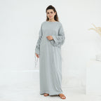 Solid Color Dress with Drawstring Cuffs Abaya