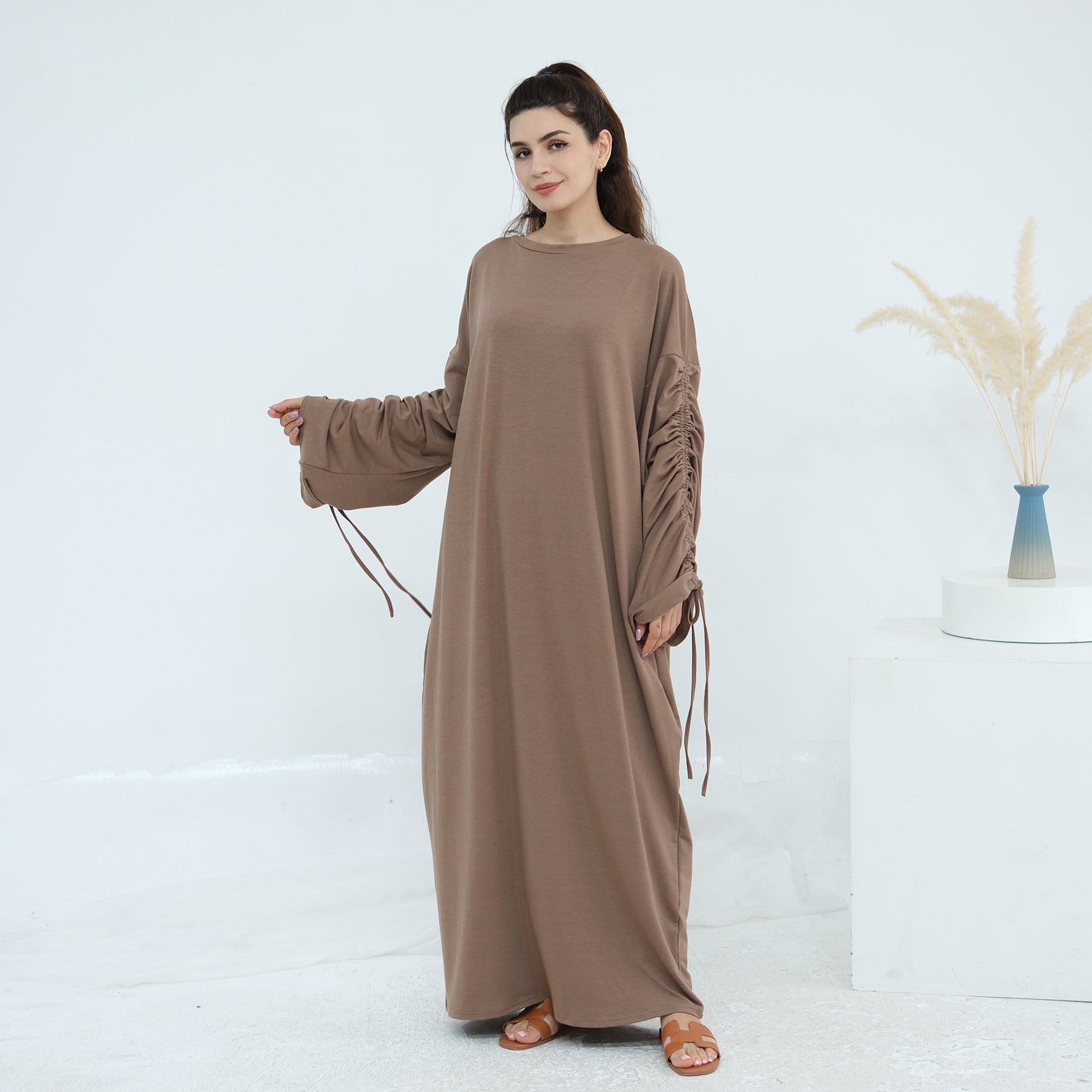Solid Color Dress with Drawstring Cuffs Abaya