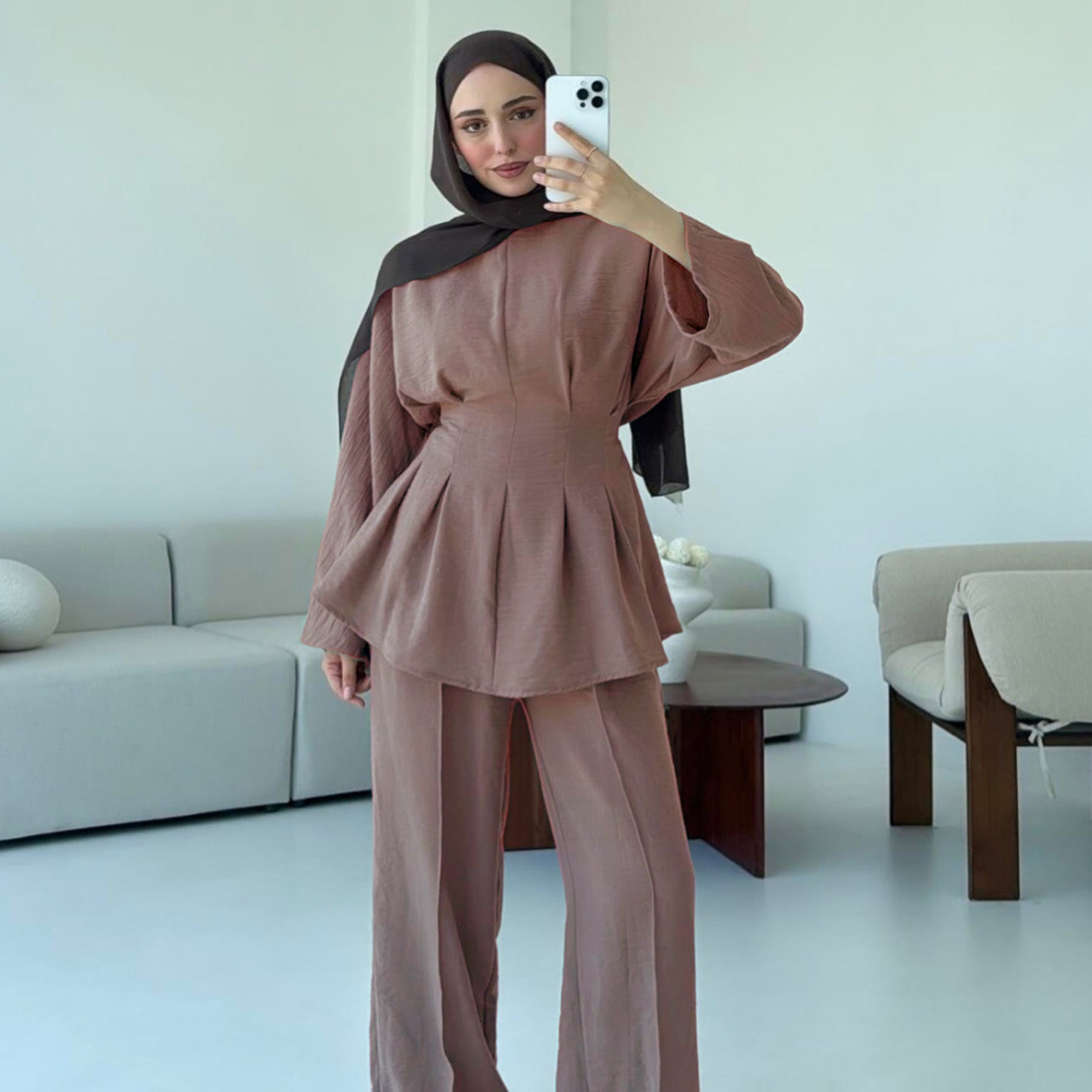 Fashionable Solid Color Two-Piece Abaya