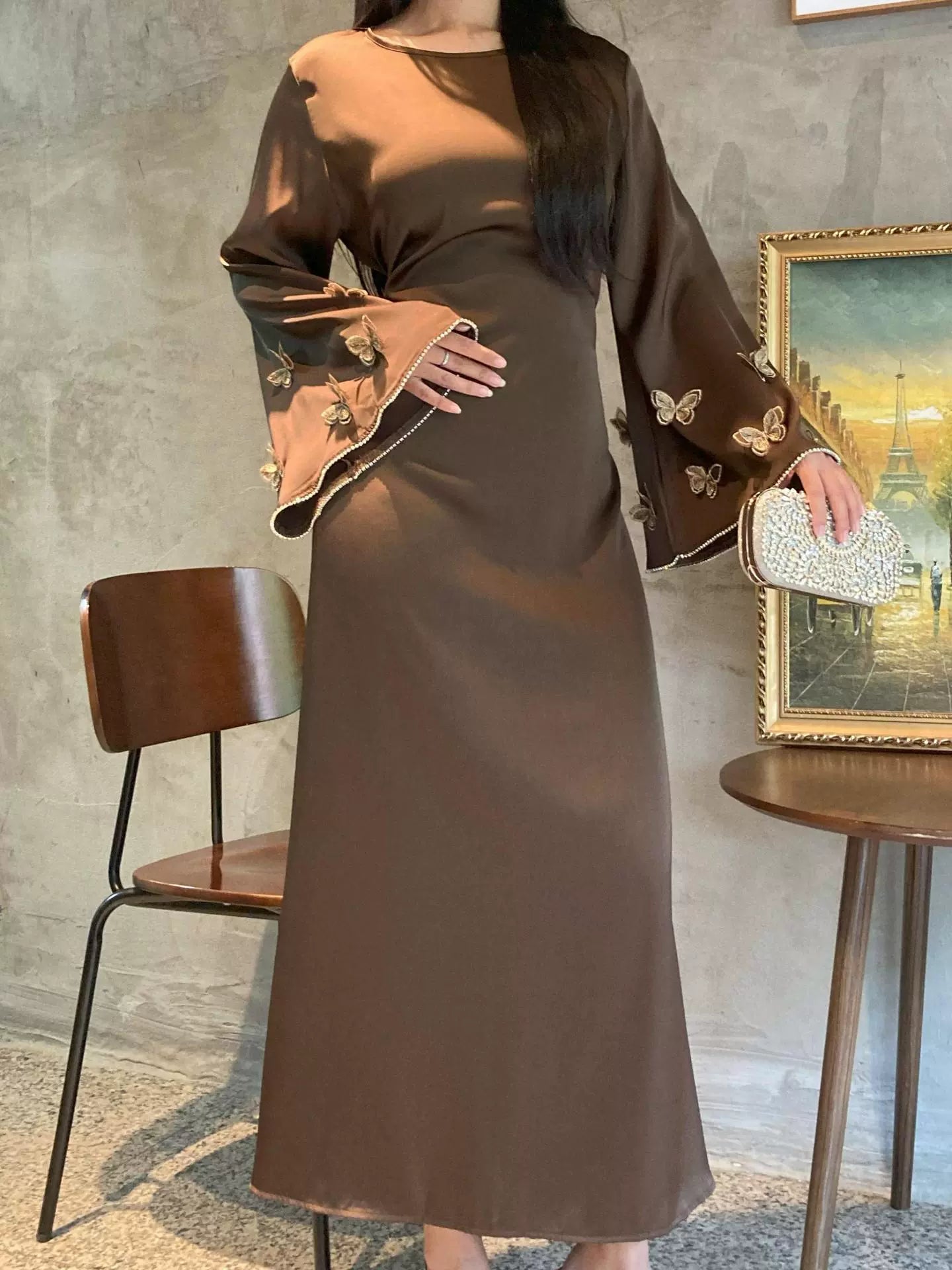 Hand-embroidered Butterfly Solid Color Abaya