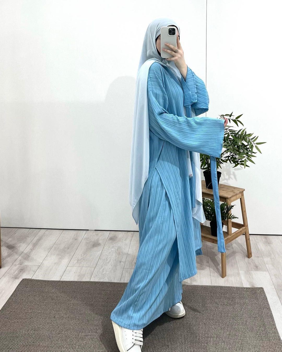 Long Sleeved Pleated Abaya Set