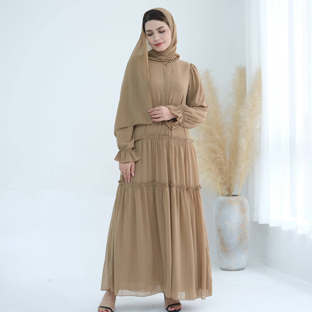 Solid Color Light Flared Sleeve Dress Hijab Set