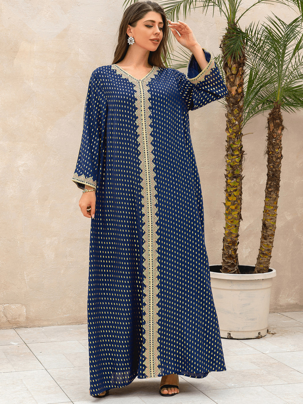 Lace Tape V-Neck Kaftan - Blue