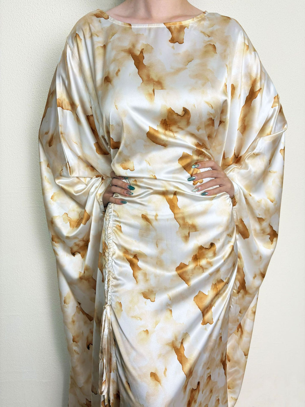 Yellow Waist-Cinched Printed Abaya