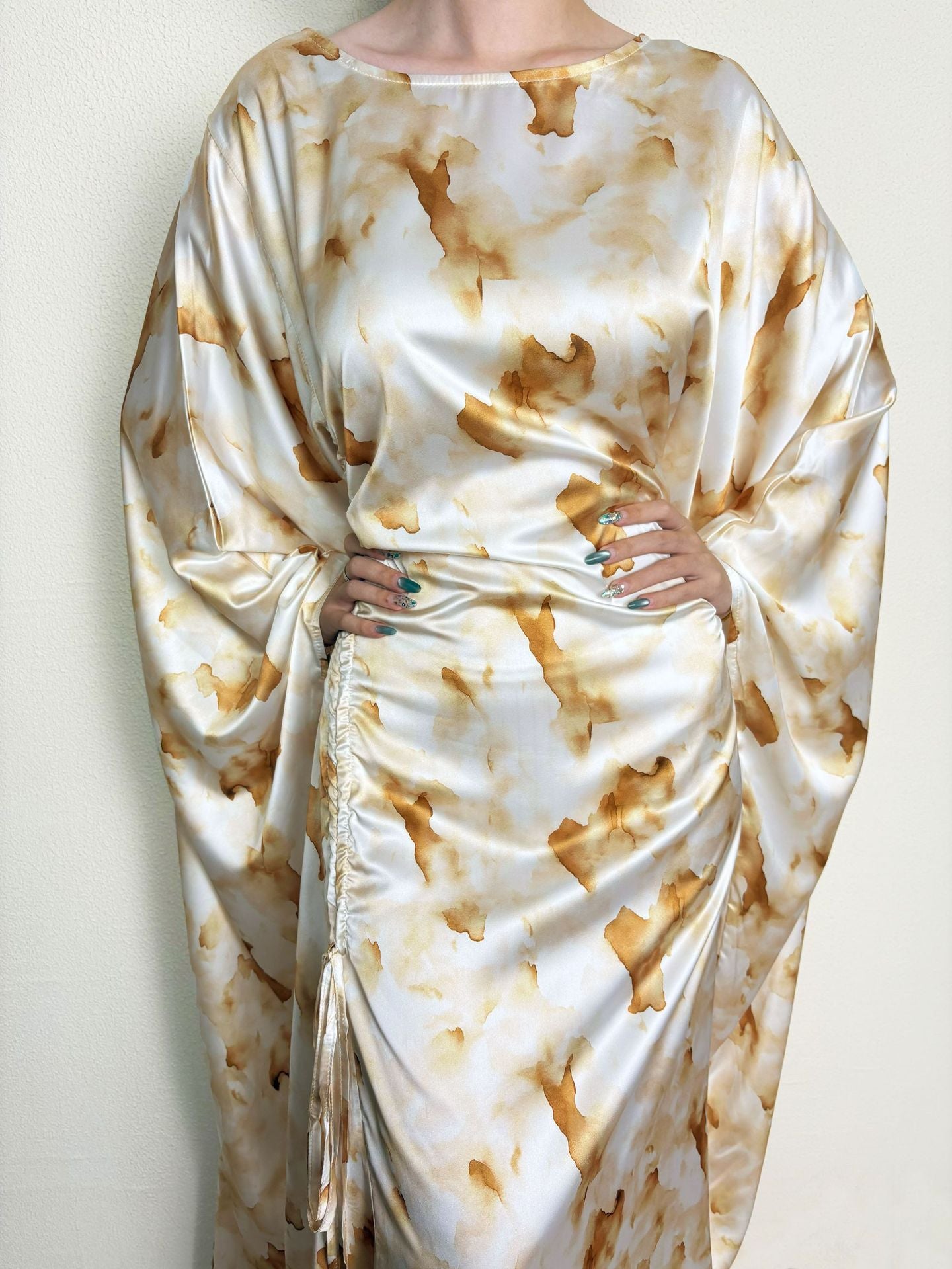 Yellow Waist-Cinched Printed Abaya