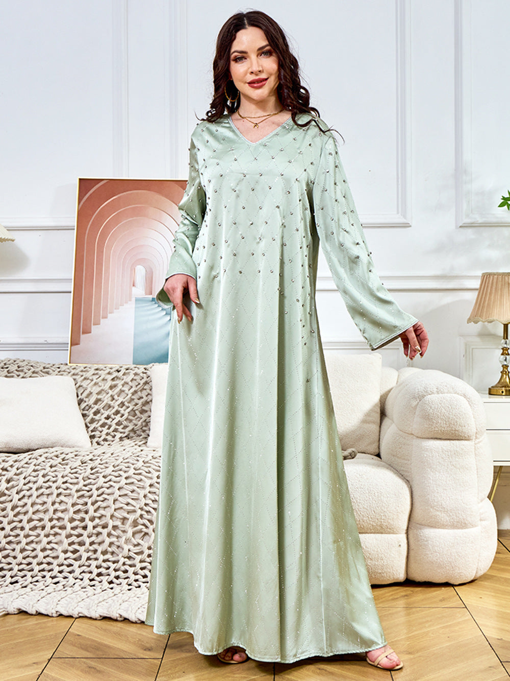 Solid Color Studded Rhinestones Abaya