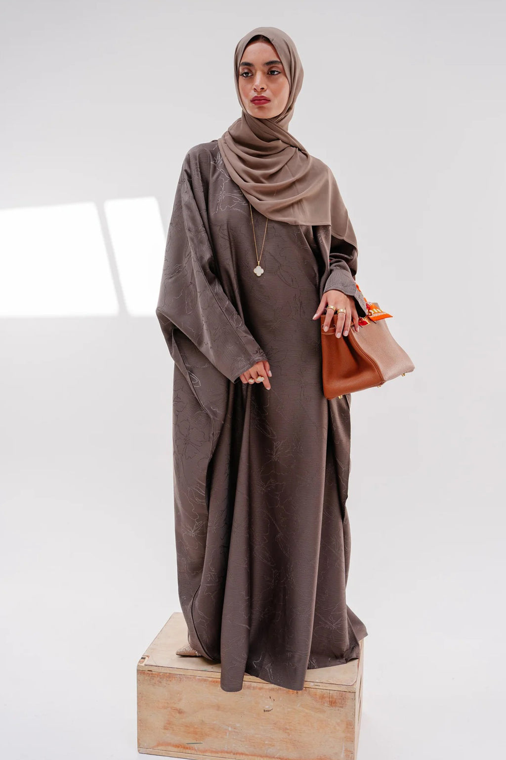 Jacquard Waist-Tied Dress Abaya with Hijab