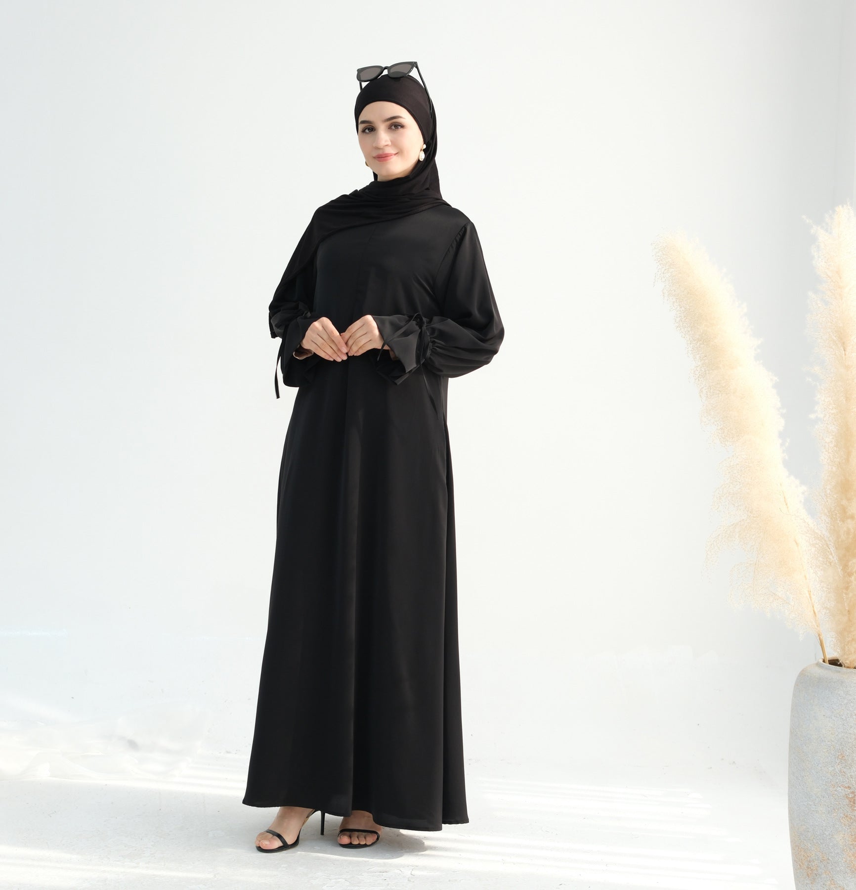 Solid Color Satin Abaya Maxi Dress