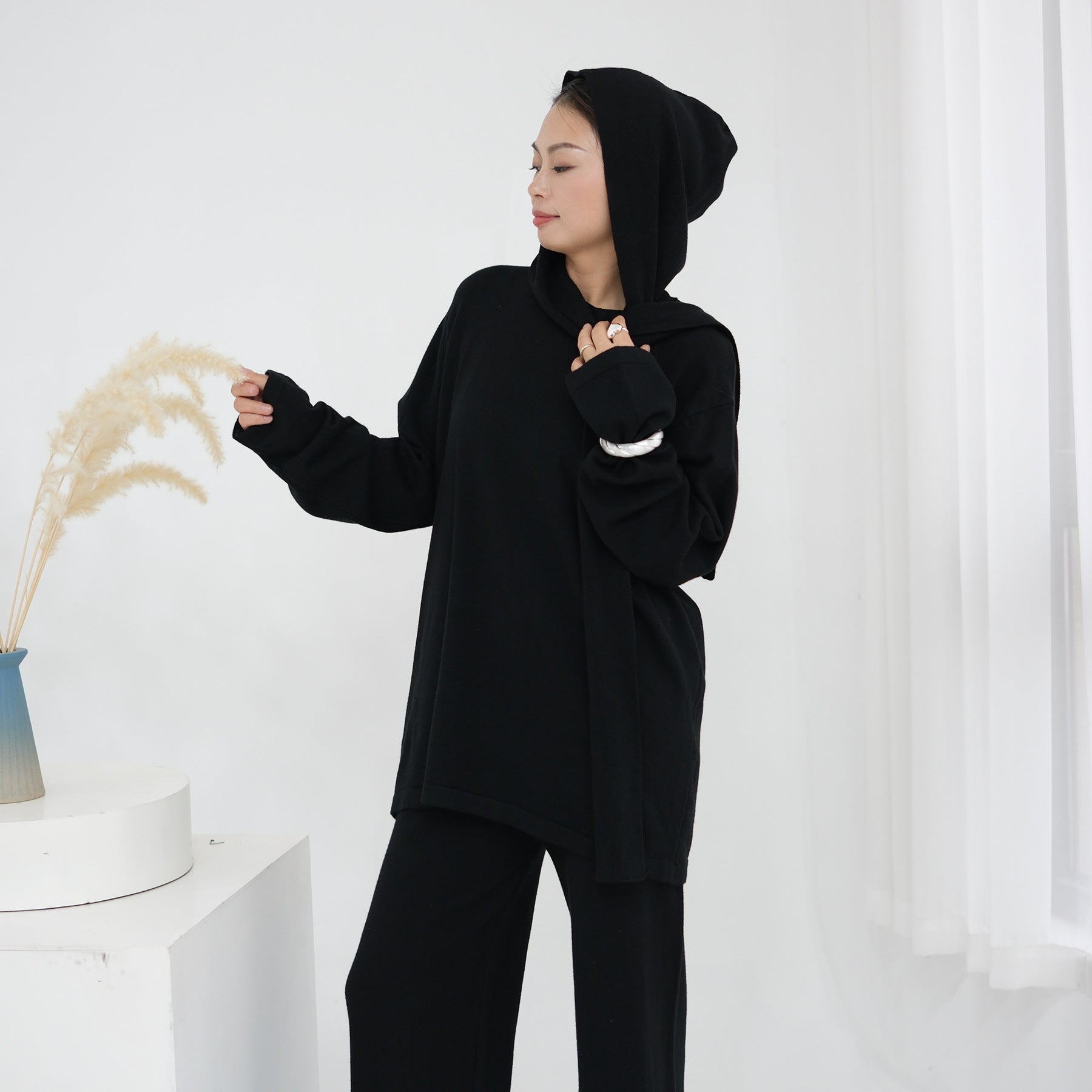 2 Pcs Solid Color Knitted Set with Hooded