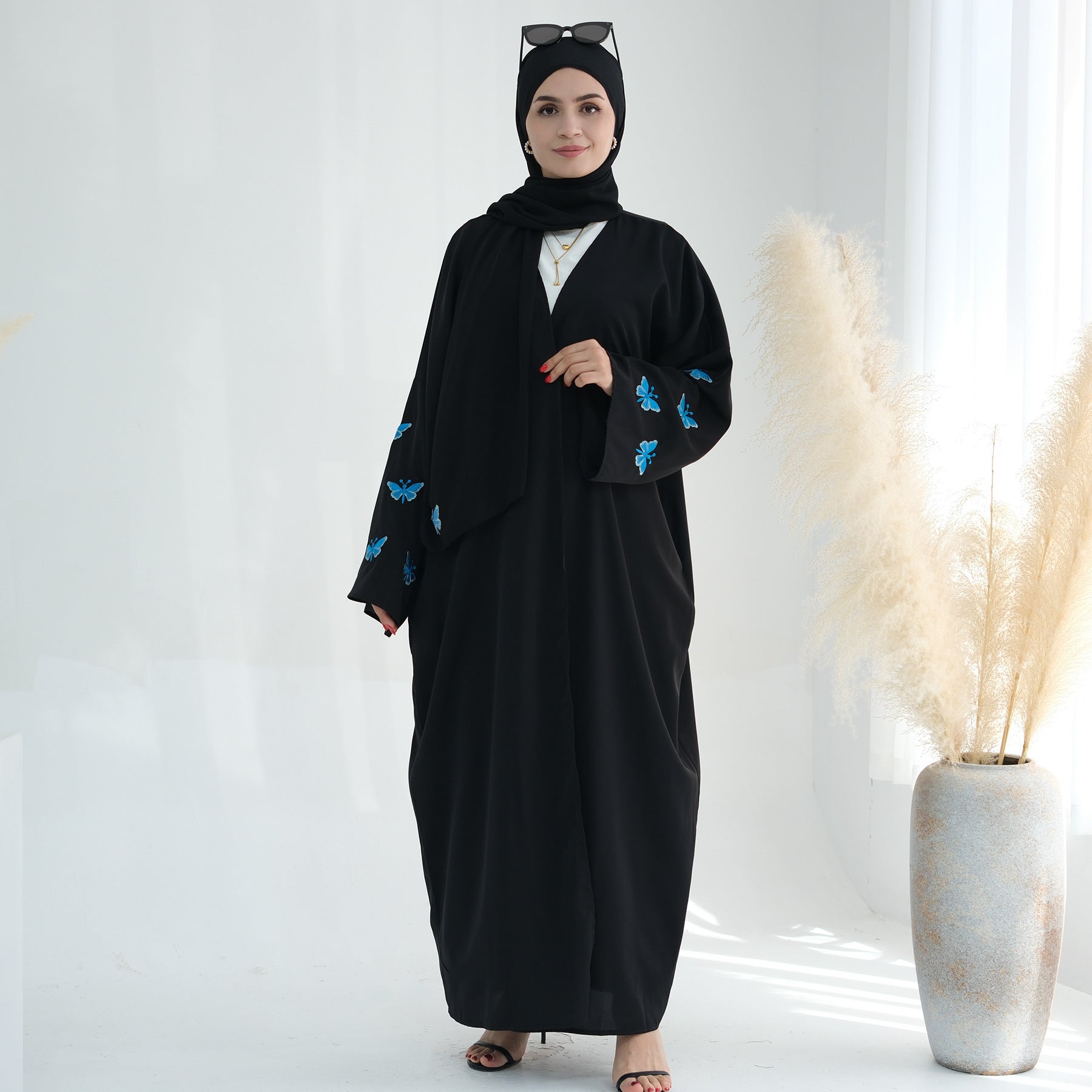 Embroidered Butterfly Print Kaftan with Hijab