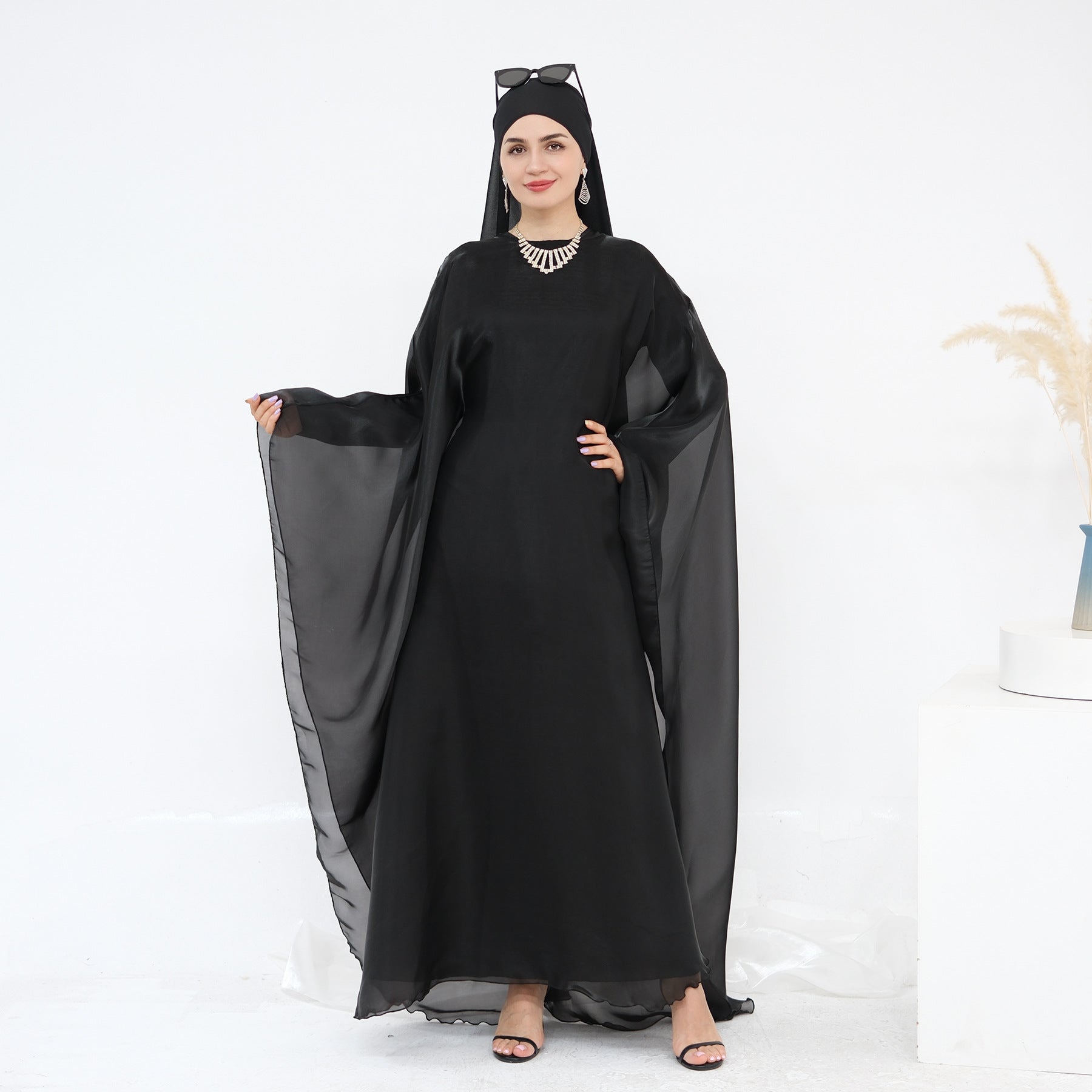 Lace Trim Solid Color 2PCS Abaya with  Hijab