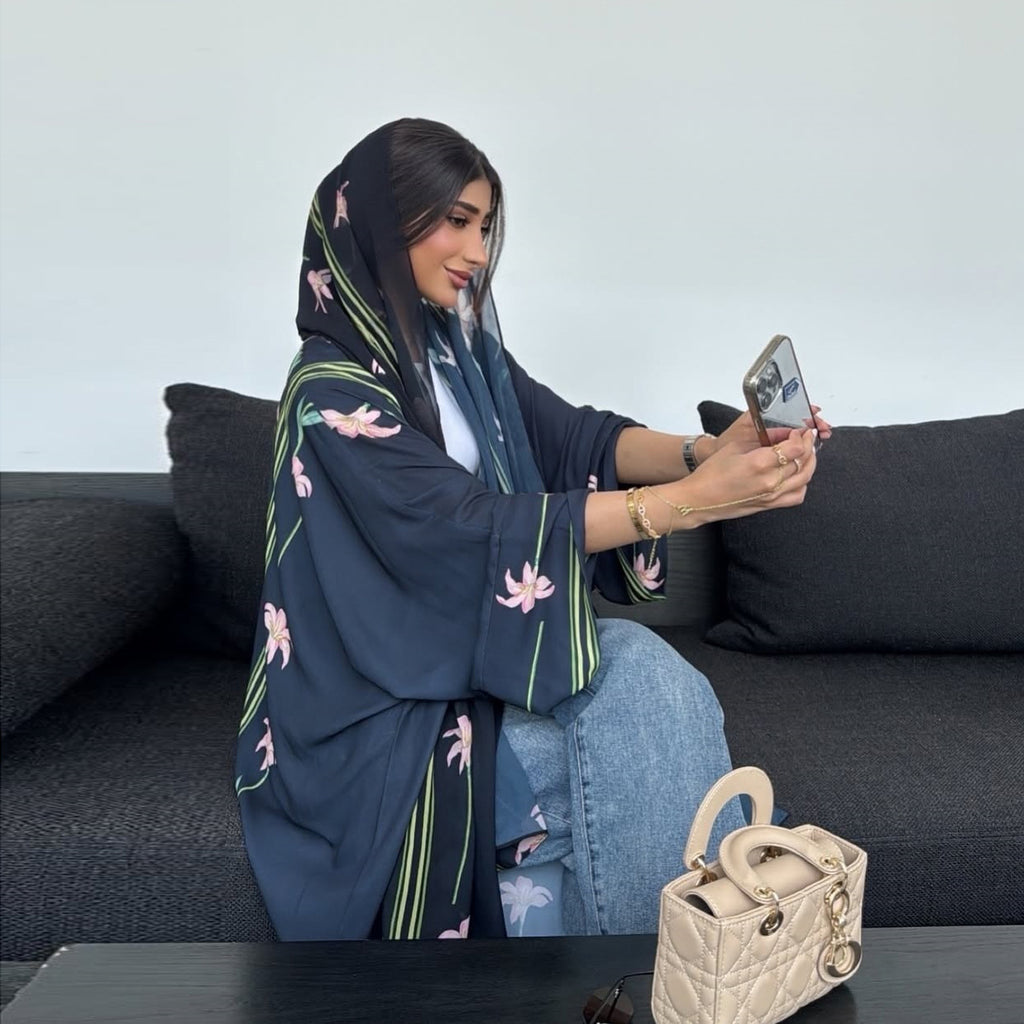 Black Floral Print Open Abaya