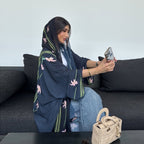 Black Floral Print Open Abaya
