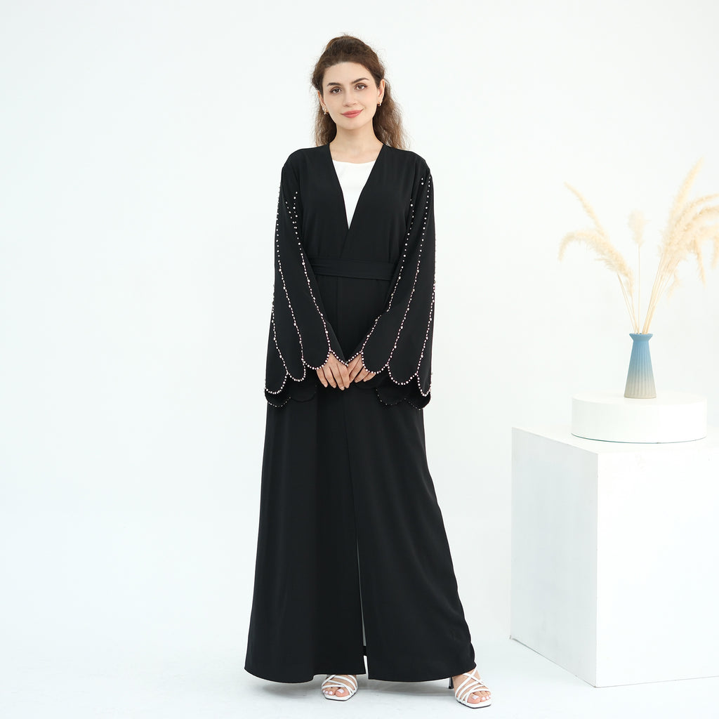 Beaded Line Trimmed Open Front Abaya