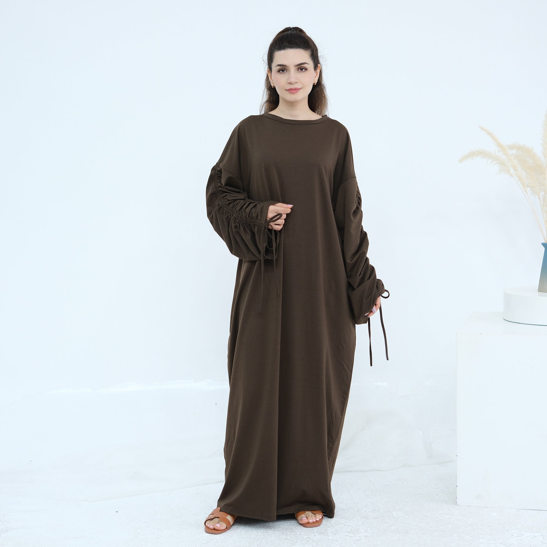 Solid Color Dress with Drawstring Cuffs Abaya