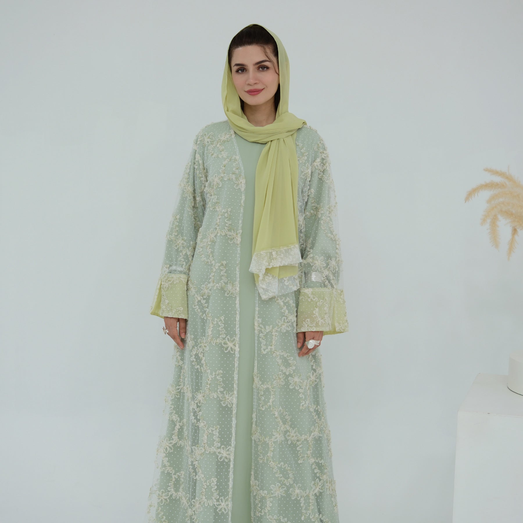 3D Floral Mesh Cardigan Abaya