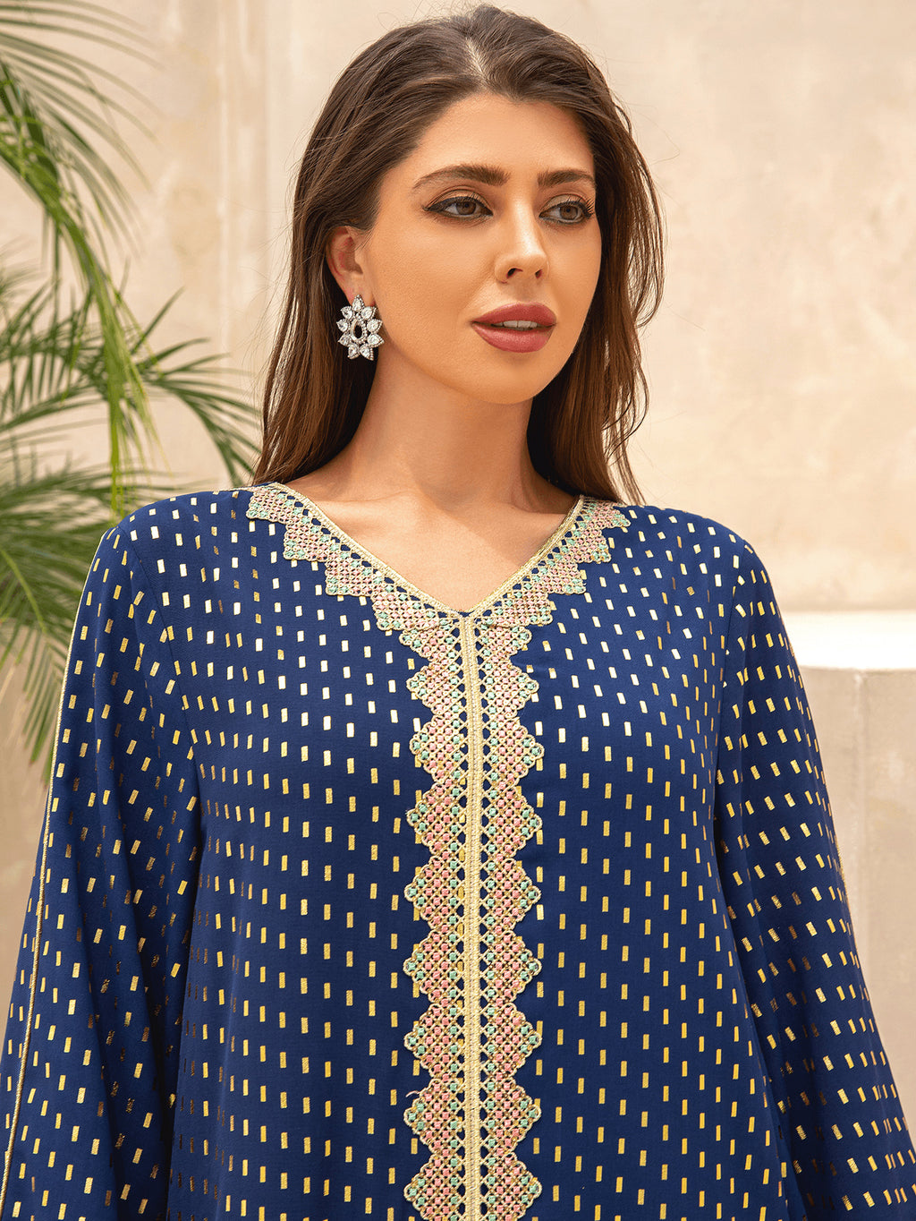 Lace Tape V-Neck Kaftan - Blue