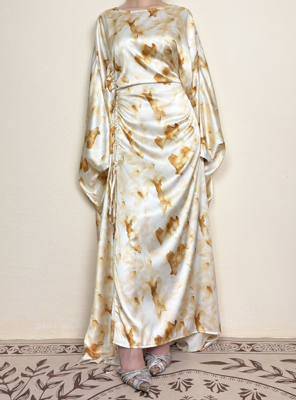Yellow Waist-Cinched Printed Abaya