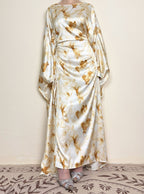 Yellow Waist-Cinched Printed Abaya