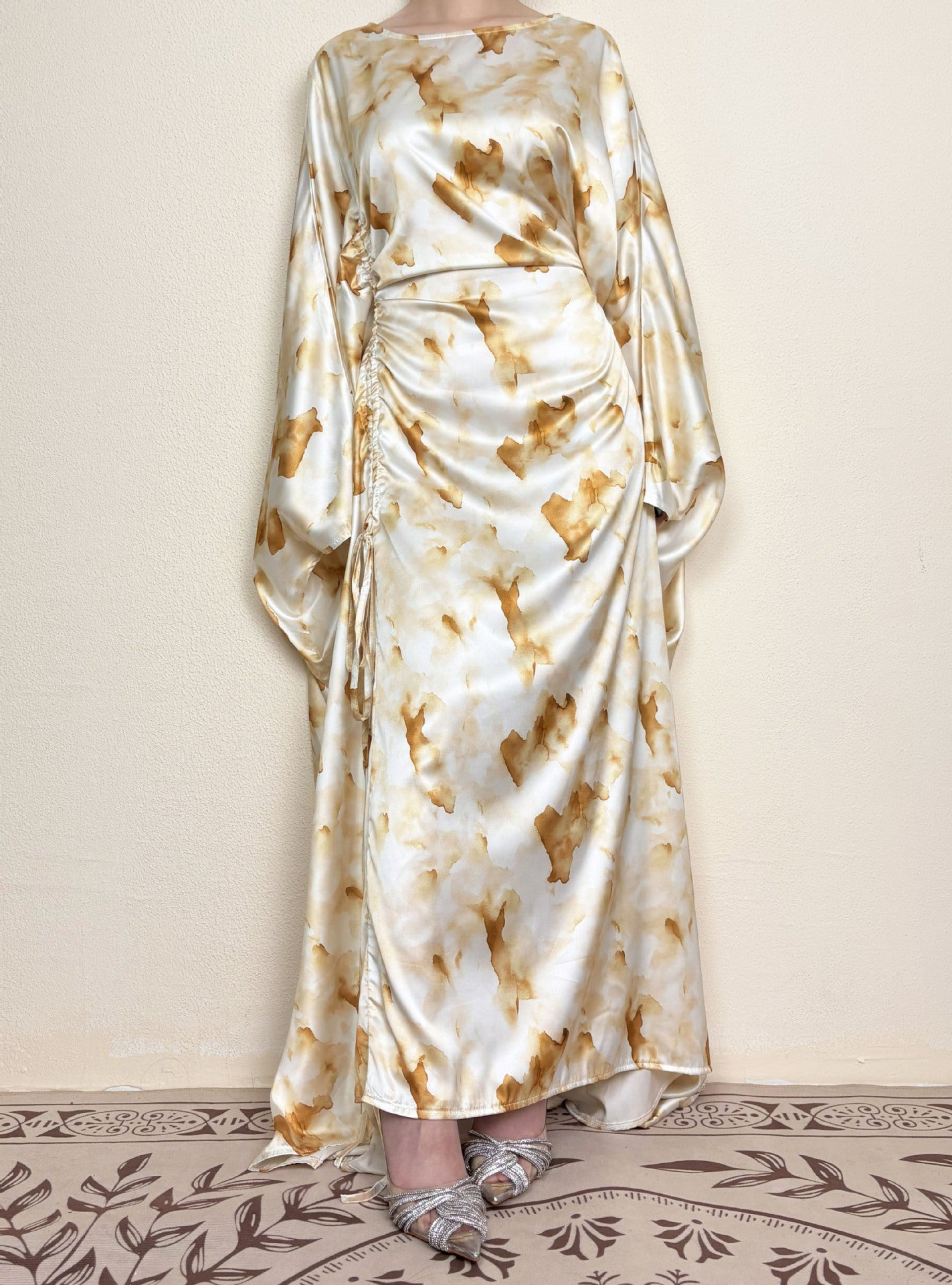 Yellow Waist-Cinched Printed Abaya