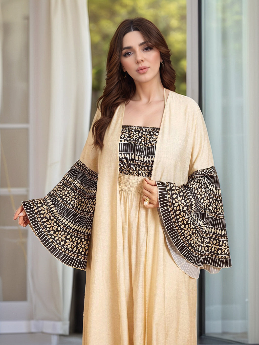 Printed Cardigan Halter Top 2PCS Abaya