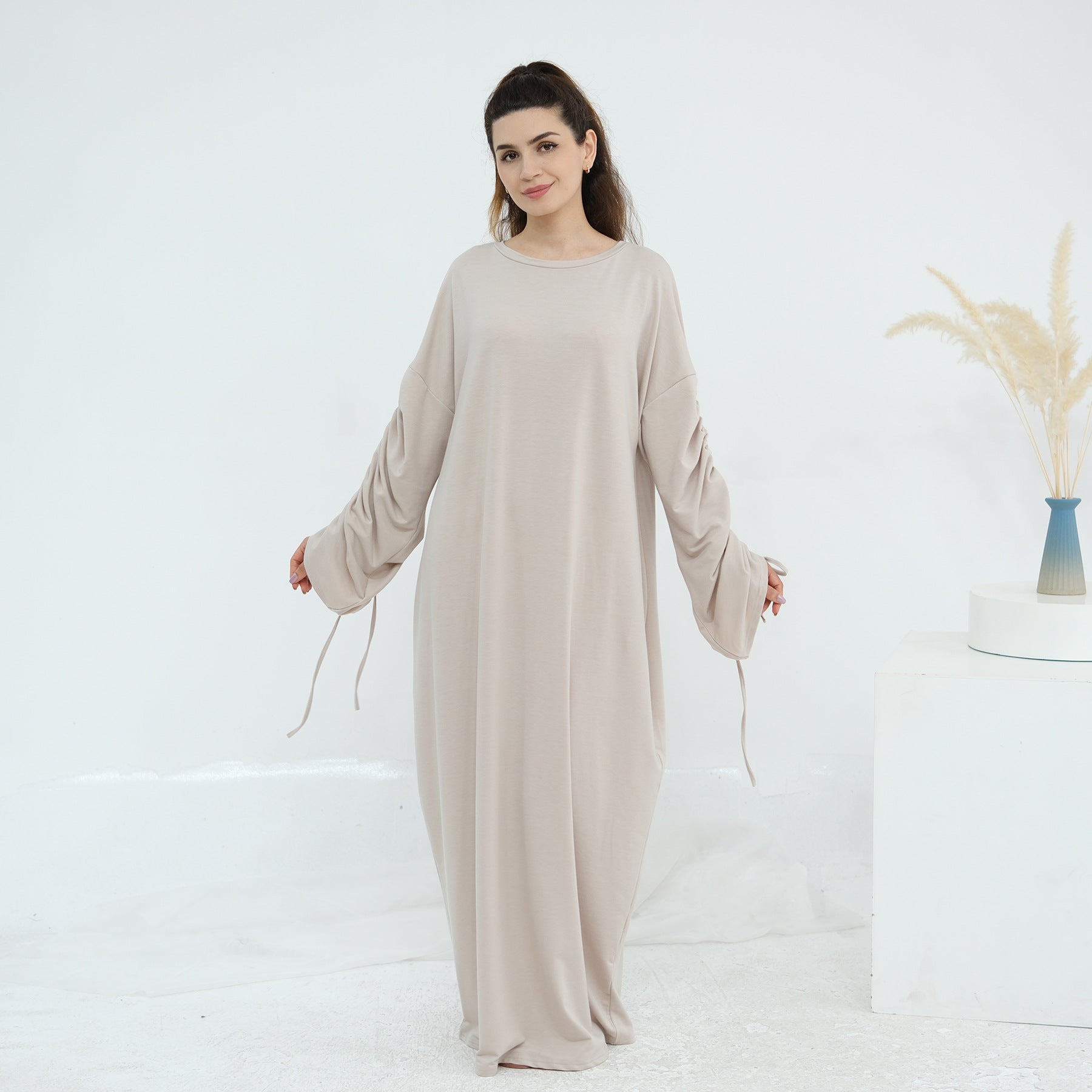 Solid Color Dress with Drawstring Cuffs Abaya